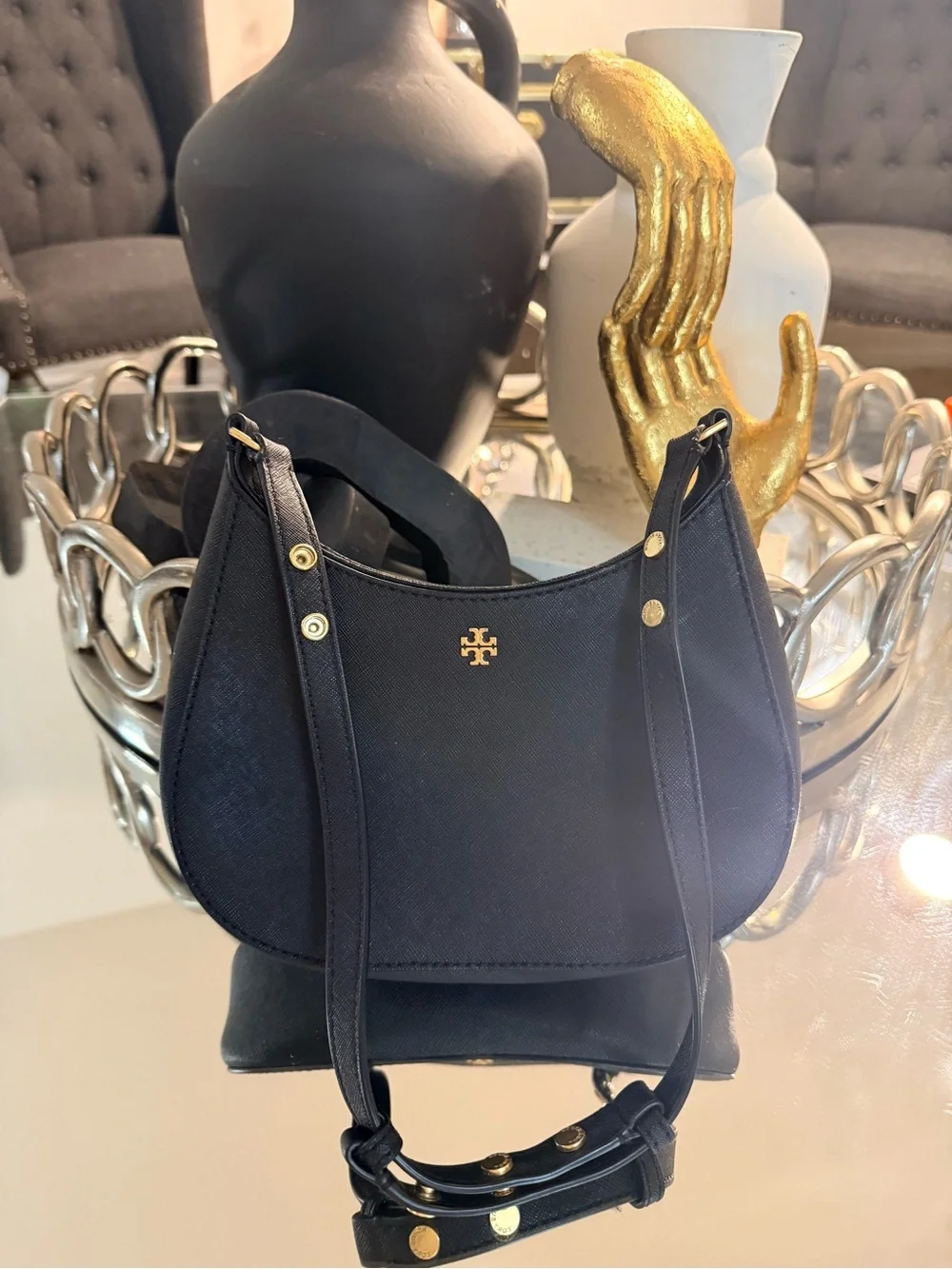 Tory Burch Black Saffiano Leather Shoulder Bag with Gold Hardware